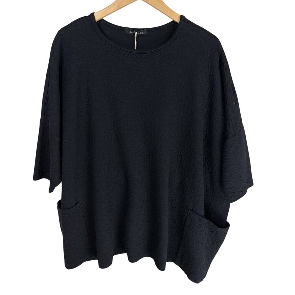 NWT Cutloose Black Waffled Cotton Blend Dropped Sleeve Pockets Tunic OS